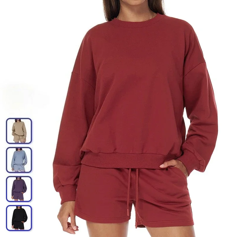 Hoodie Olahraga Leher Bulat Musim Dingin Atasan Yoga Lengan Panjang Kebugaran Gym Pakaian Luar Lari Pullover Olahraga Longgar Kasual Kemeja Wanita