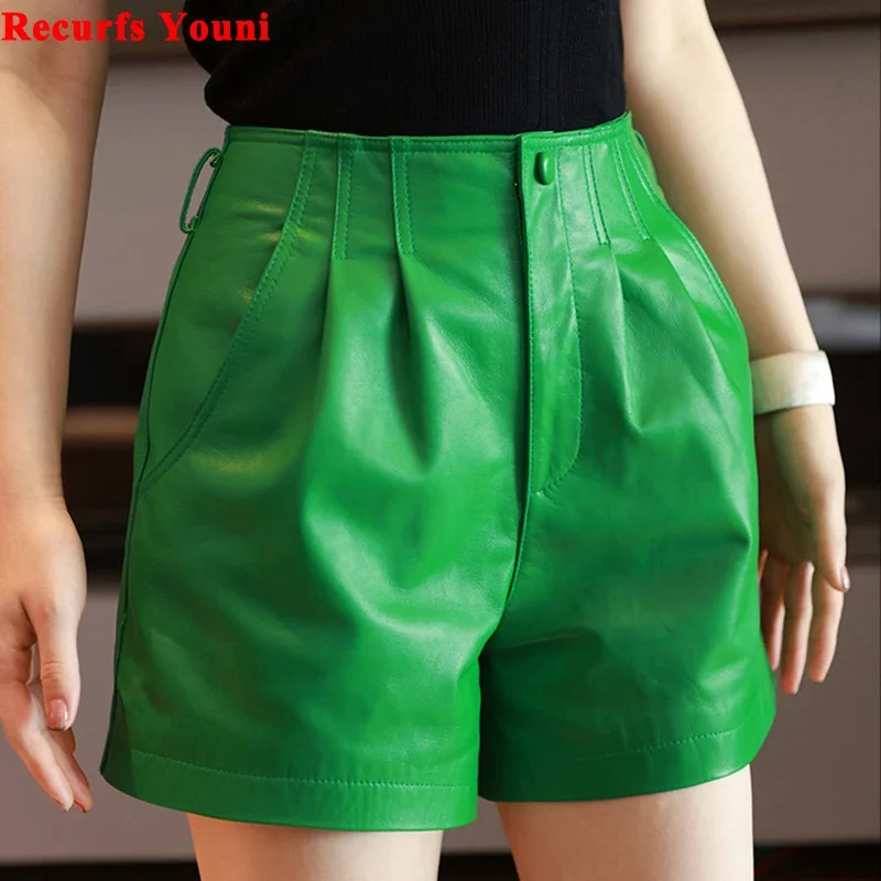 

Leather Green Shorts For Women 2024 Branded New Pleated Waist Genuine Sheepskin Casual Versatile Loose Leg Pocket Booty Pants