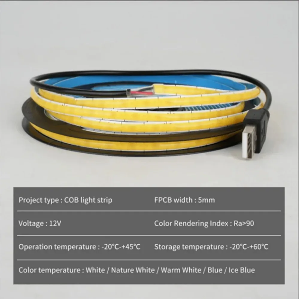 5MM DC 5V/12V USB LED COB Strip Warm White Blue LED Strip Light TV Background Lighting Tape Home Decor Lamp 5m LED String Light