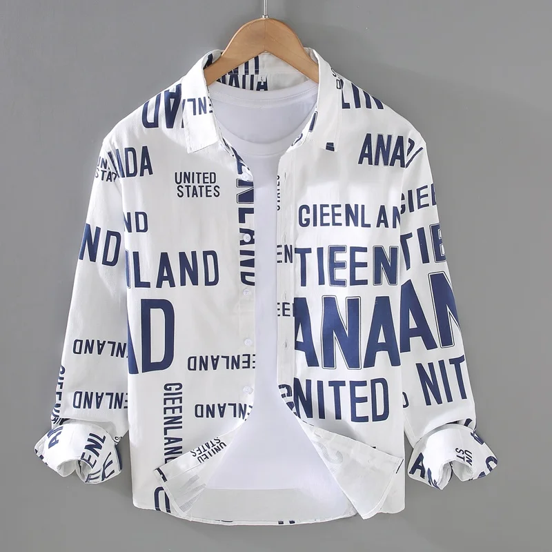 

Модная рубашка с длинными рукавами и буквенным принтом, свободная верхняя одежда, мужское модное повседневное пальто, осень 2023, немнущаяся ткань, с острым воротником
