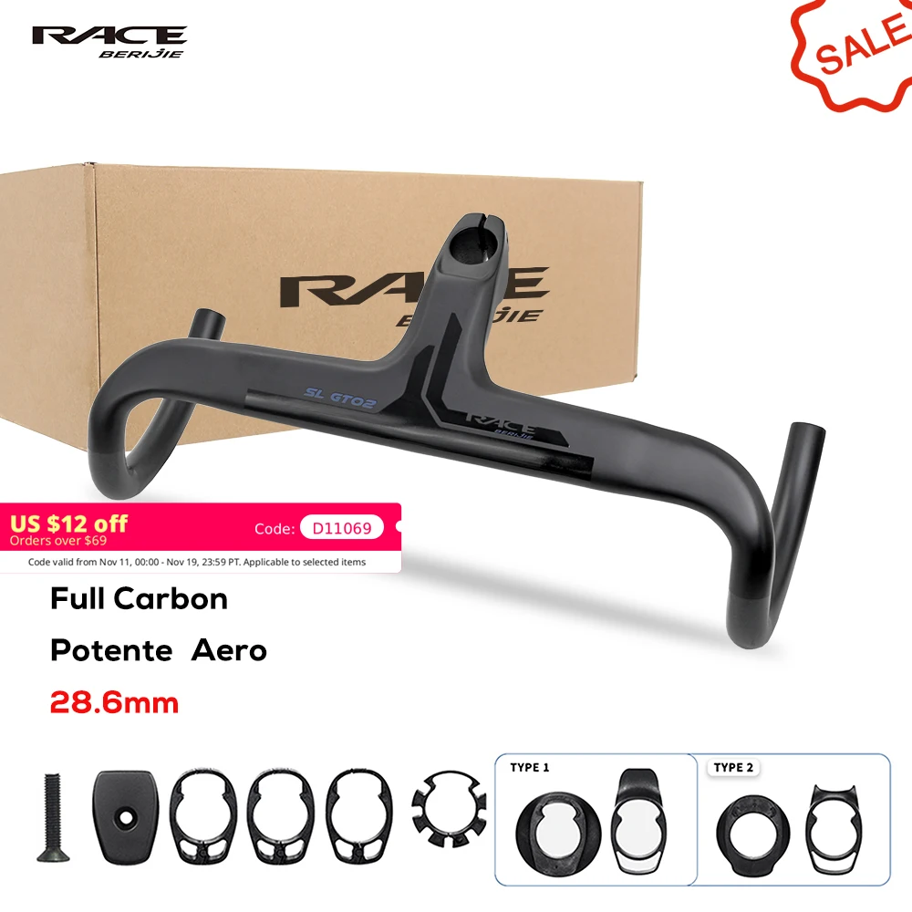 RACE Road Bike Internal Cable Integrated Full Carbon Fiber Bicycle Handlebar Cockpit With Spacers,Stem -10°,Clip diameter 28.6mm