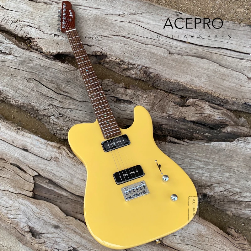 

Acepro Cream Yellow Color Electric Guitar, P90 Pickups, Roasted Maple Neck, Stainless Steel Frets, Abalone Dots Inlays, Guitarra