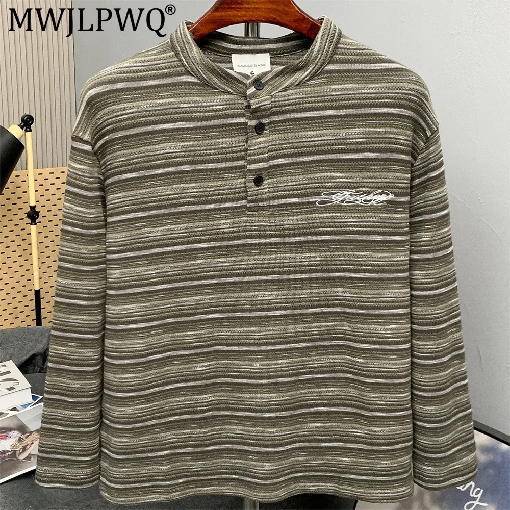 MWJLPWQ American Retro Striped Long-Sleeve Knitted T-Shirt Men Loose Fit Trendy Spring Autumn Half-Open Collar Casual Tops 20638