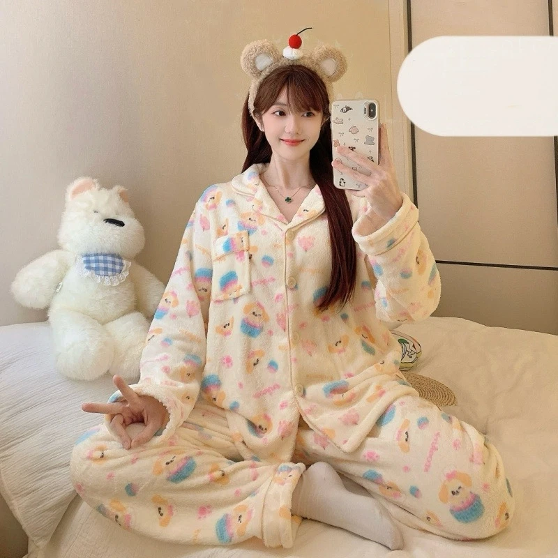 Winter Pajamas Lapel Neck Women's Pajamas Long Sleeve Kawaii Dog Warm Sleepwear Harajuku Style Cute Casual Pajamas Two-Piece