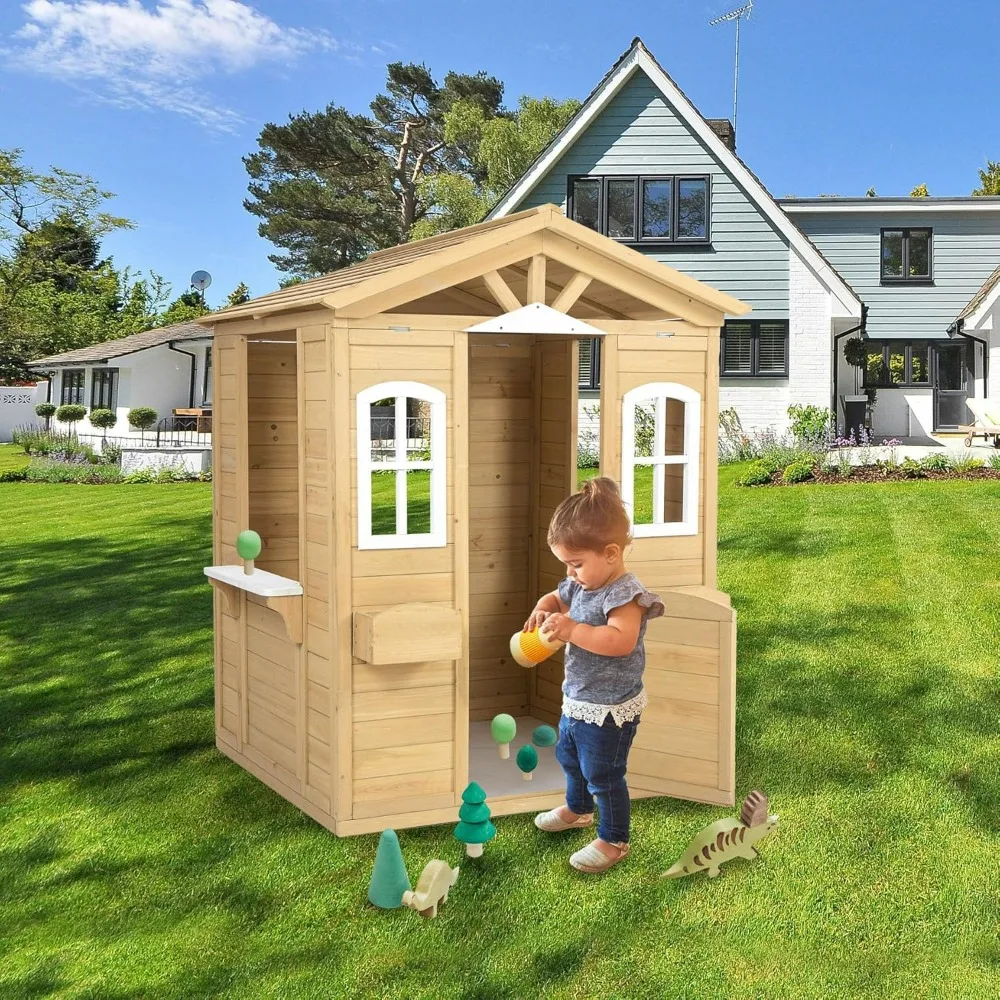 

Playhouse Outdoor, Kids Outdoor Playhouse with Working Door, Windows, Mailbox, Flowers Pot Holder & Serving Station, Playhouse