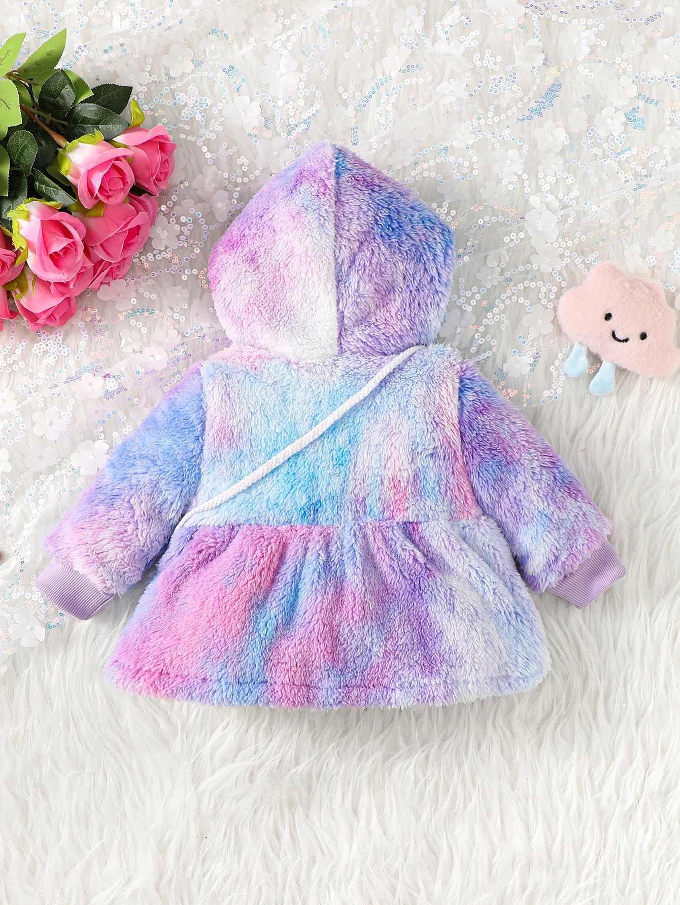 Autumn-Winter Fluffy Dyed Hooded Zipper Warm Coat For Baby Girls Paired With Cute White Bow Crossbody Bag For Baby Girls