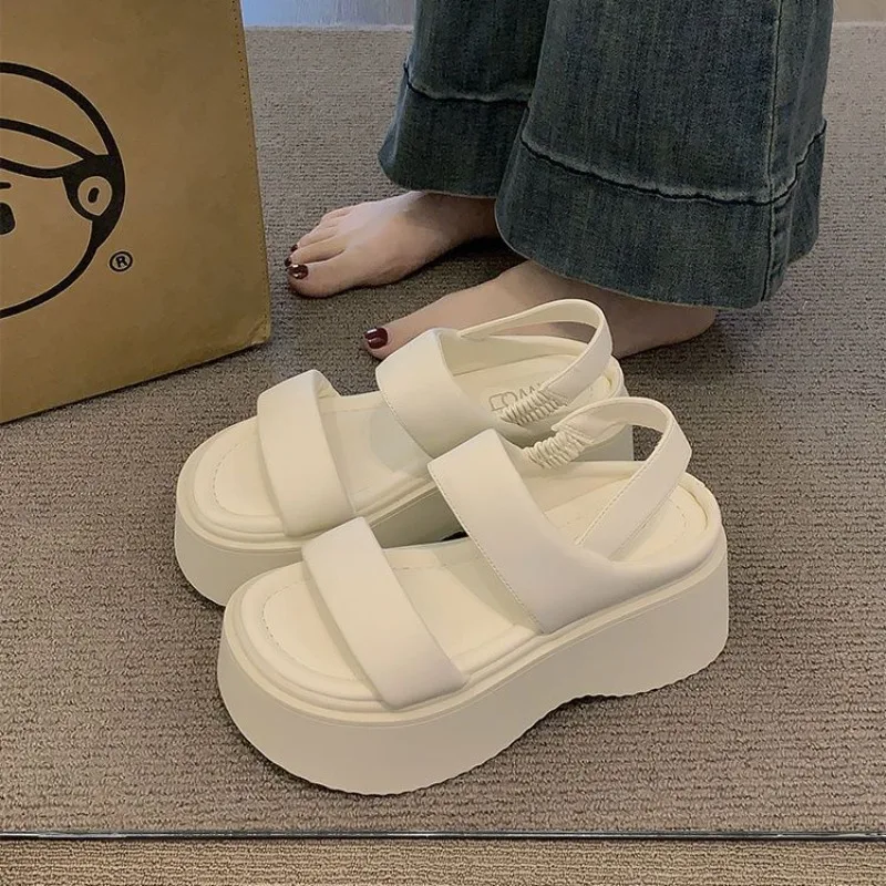 Summer 2025 Chunky Sandals Women's Wedge Heels Slides 8CM High Heels Leather Casual Woman Beach Thick Bottom Flip Flops image 3