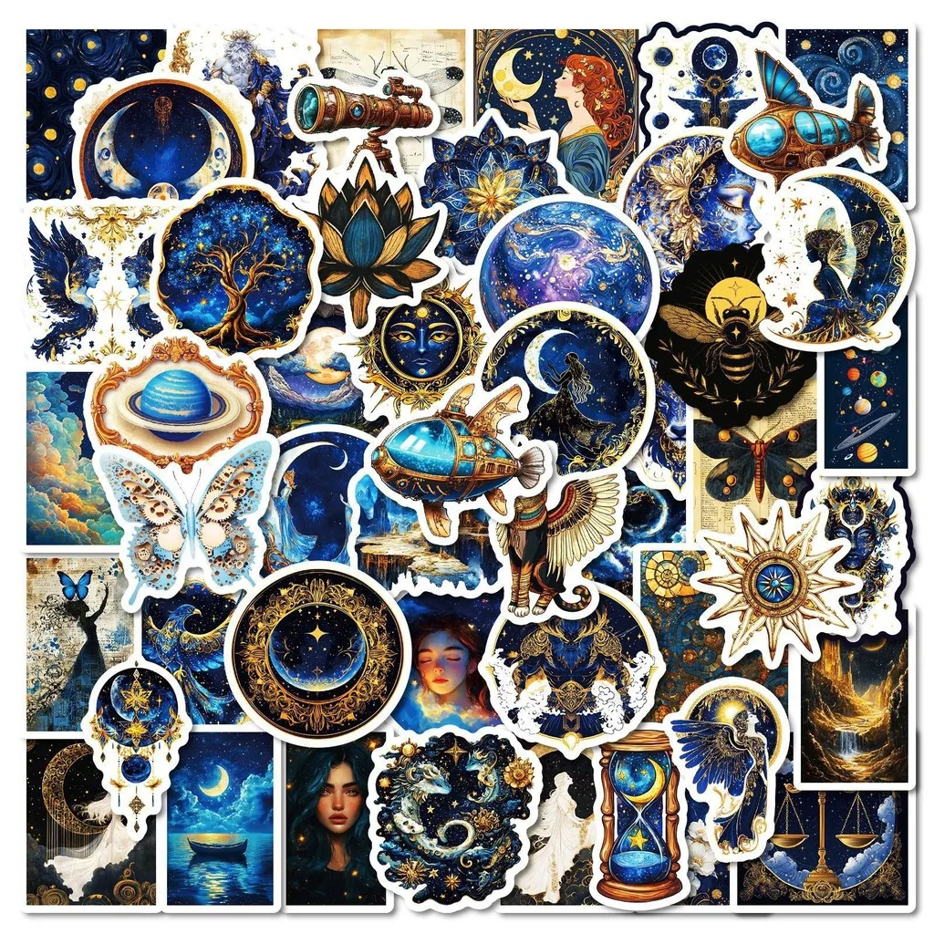 50Pcs Unique Black Starry Sky Mythology Doodle Stickers, Cosmic‑themed Decals, DIY Decor for Luggage, Helmet, and Refrigerator