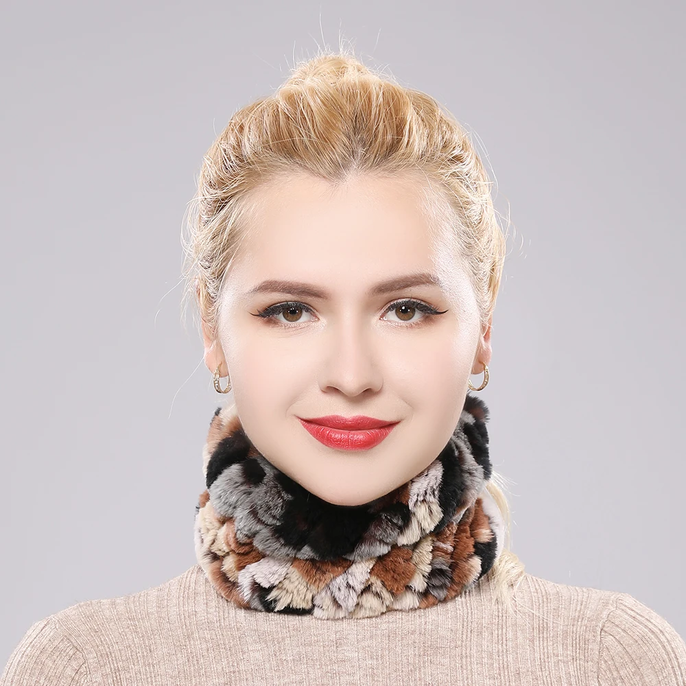 Women Real Fur Handmade Stretch Fur Scarf Knit Genuine Rex Rabbit Fur Headbands Girls Natural Fur Ring Cowl Snood Scarves Winter