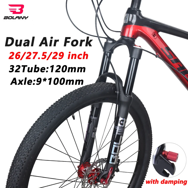 Bolany Mtb Bike Vork Dubbele Luchtdemping Fiets Voorwielophanging Rechte Buis 26 27.5 29 Inch Magnesiumlegering Snelkoppeling 100Mm