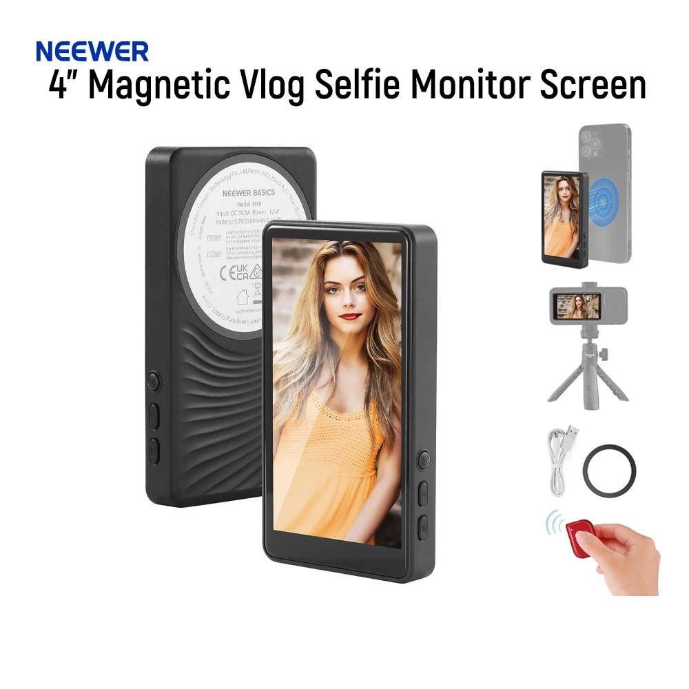 

NEEWER Basics 4-дюймовый магнитный экран монитора для селфи Vlog, монитор задней камеры беспроводного телефона с пультом дистанционного управления/1500 мАч, НЕ для iPhone 17