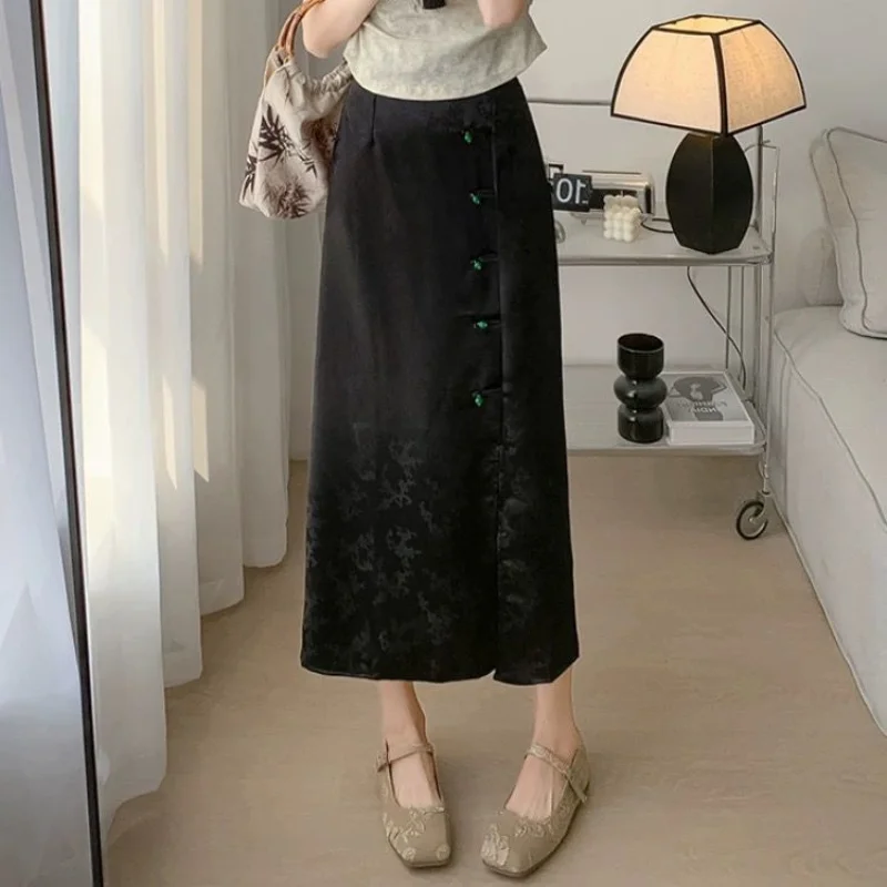 New Spring and Summer Women's Solid Color High Waist Zipper Loose Chinese Style Bag Hip A-Line Split Fashion Casual Skirt