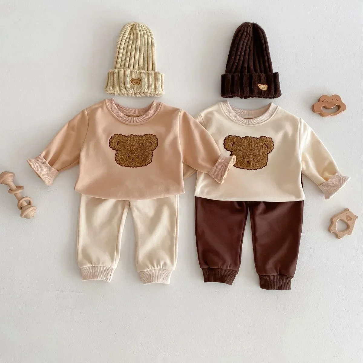 

2024 Spring New in Kids Baby Boys Girls Cute Clothes Set 2pcs Toddler Cartoon Bear Top + Pants Children Outwear 3M-4Y