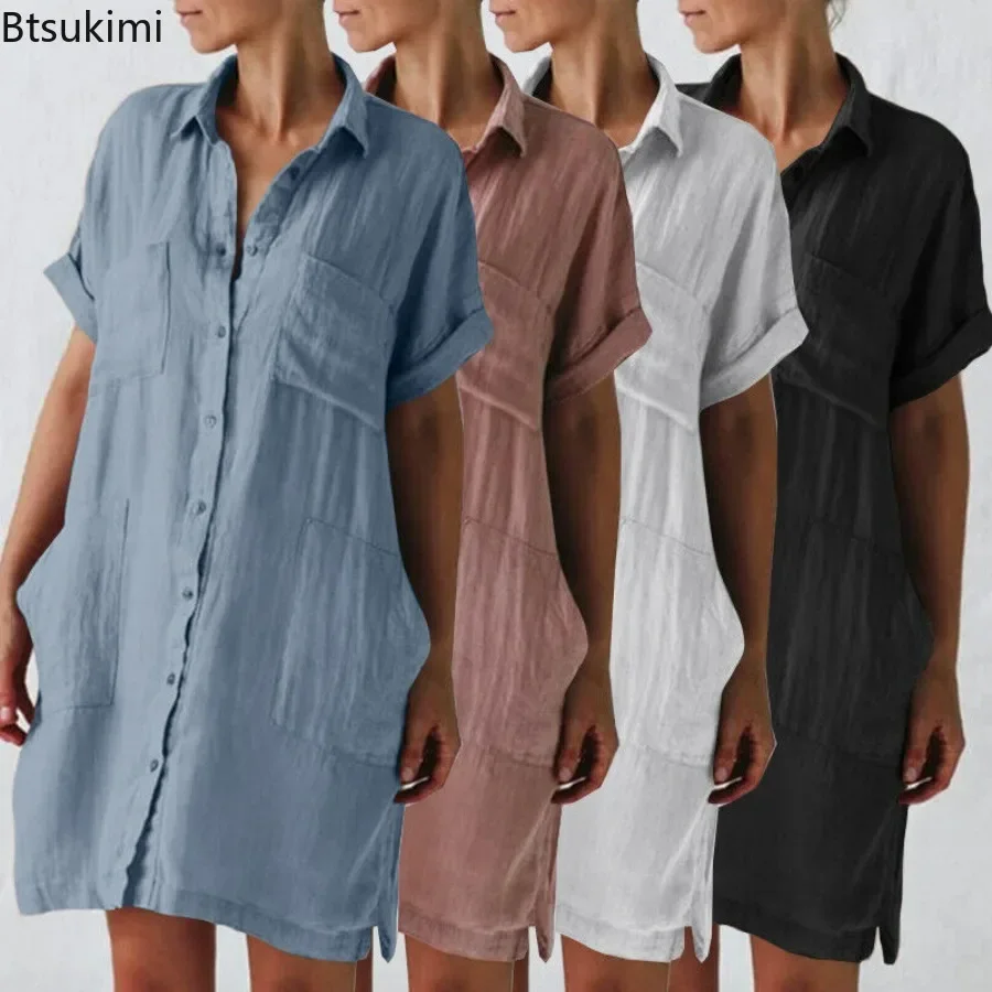 

2025 Women's Summer Loose Casual Mini Dress Cozy Cotton Linen Short Sleeve Lapel Pocket Shirt Dress Buttons Cardigan Dress Femme