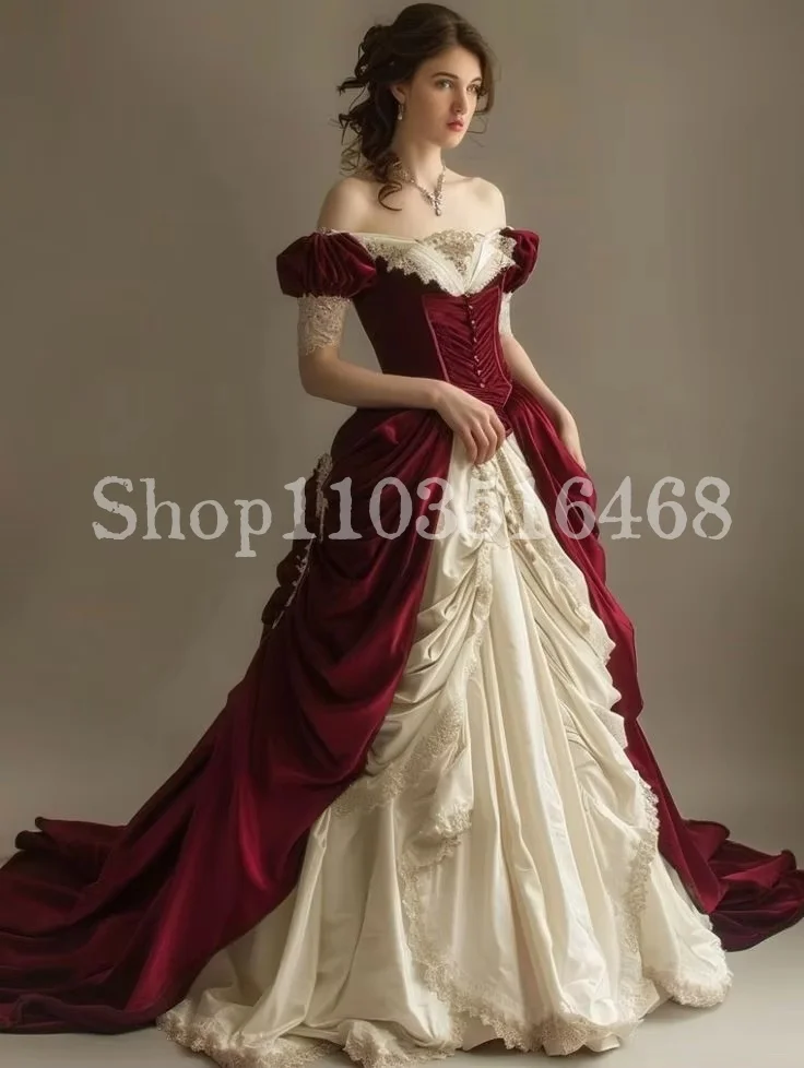 Średniowieczna czerwono-biała sukienka na studniówkę Vintage gorset na jedno ramię satynowa plisowana słodki tren Masquerade Duchess Gown платье вечернее