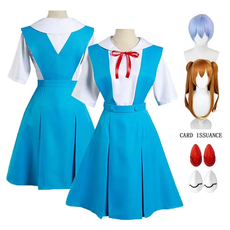 Disfraz de Cosplay Rei Ayanami Asuka Langley Soryu para niña y mujer, uniforme escolar, vestidos, peluca, pinzas para el pelo, ropa de Halloween Loli