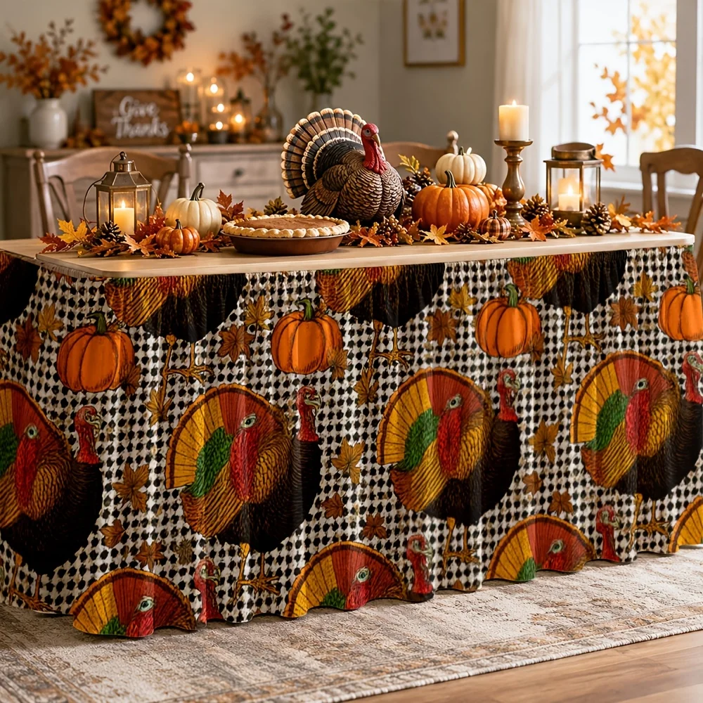 Table skirt/tableskirt autumn harvest theme, plaid background, turkey pumpkin pattern, Thanksgiving application