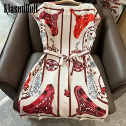 4.18 KlasonBell Elegant Vintage Print 100% Silk Dress 2024 Spring Summer New O-Neck Sashes Collect Waist Midi Dress