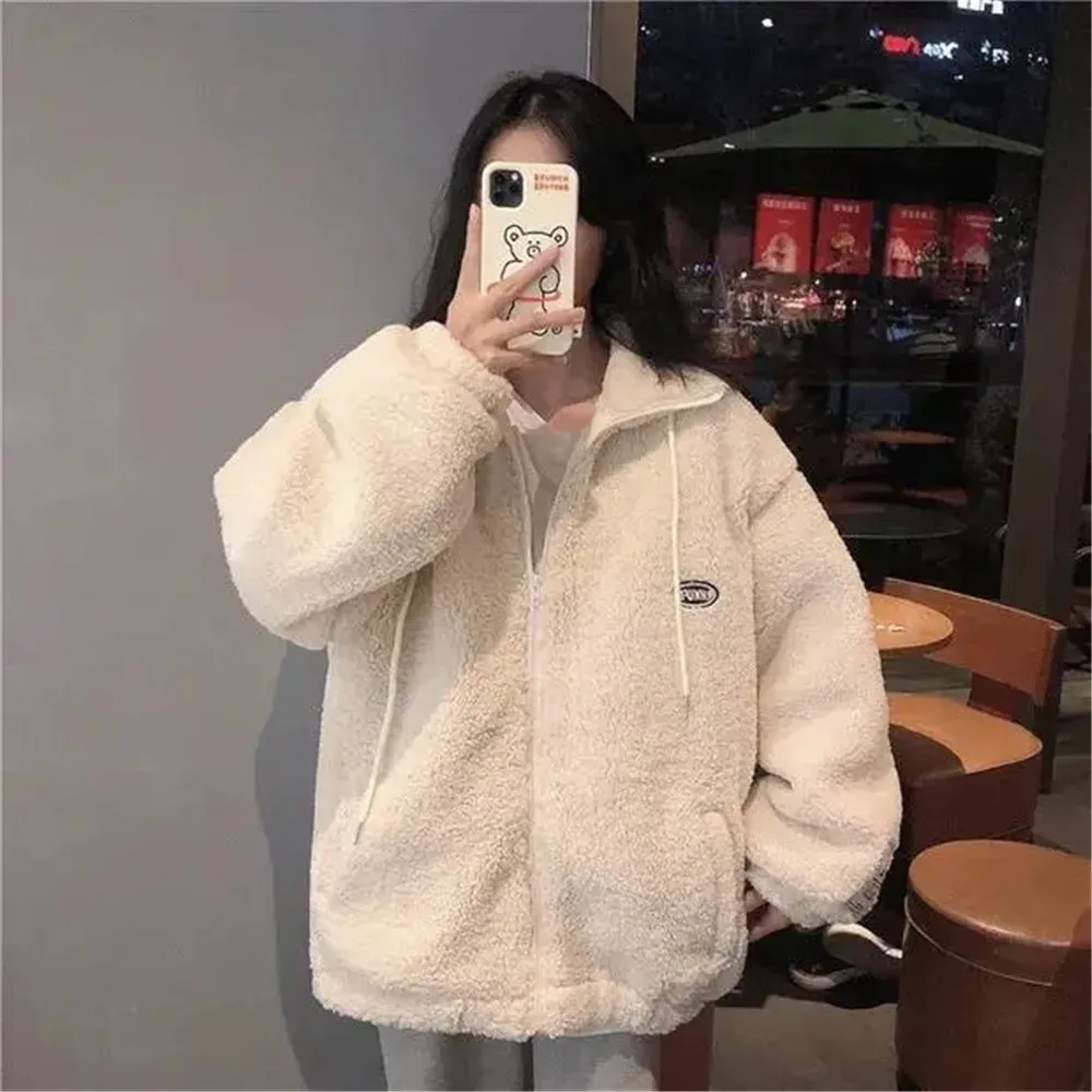 Candy Color Plush Loose Zipper Fur Wool Coat Women'S Pink Fashion Japanese Lamb Down Jacket Casual Autumn Winter Warm Outwear