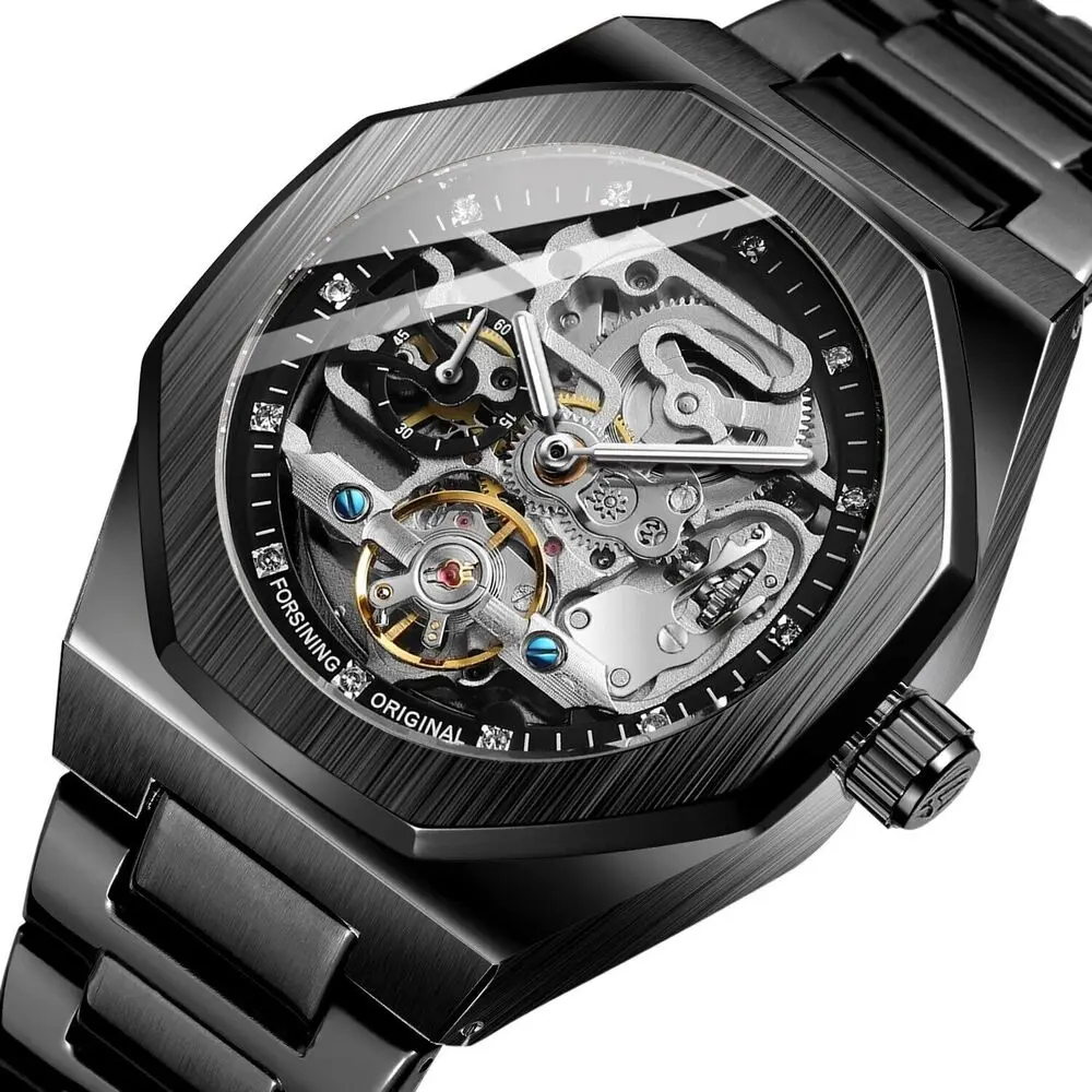 Mens Business Mechanical Watch Black Skeleton Stainless Steel Automatic Self Winding Luxury Brand Wristwatch Nice Gift