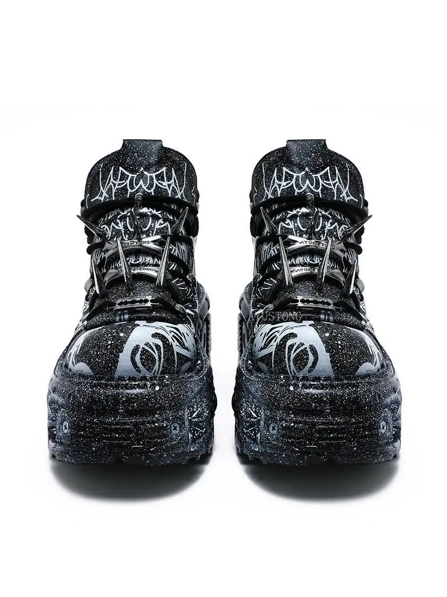 Punk Rock Metal Rivet  New Fashion Platform Round Head Sports Leisure Platform Shoes Mixed Color Printing Single Shoe view 2