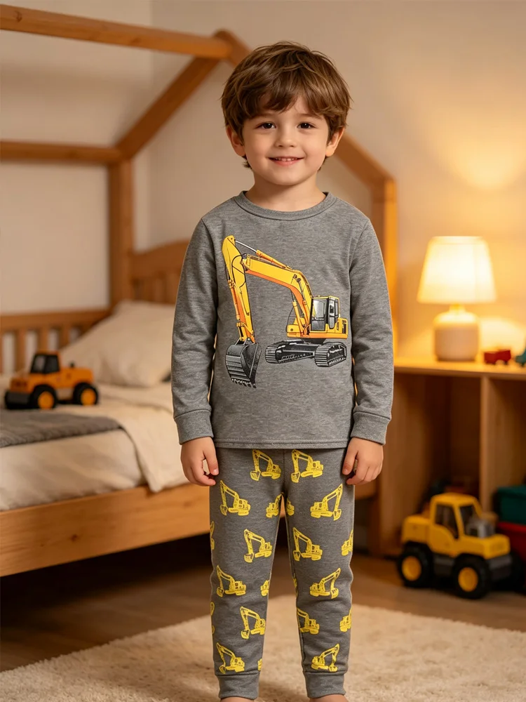 Little Hand Boys Pajamas Set Kids 100% Cotton Pjs Cartoon Excavator Long Sleeve Loungewear Sleepwear Sets for 2-7T