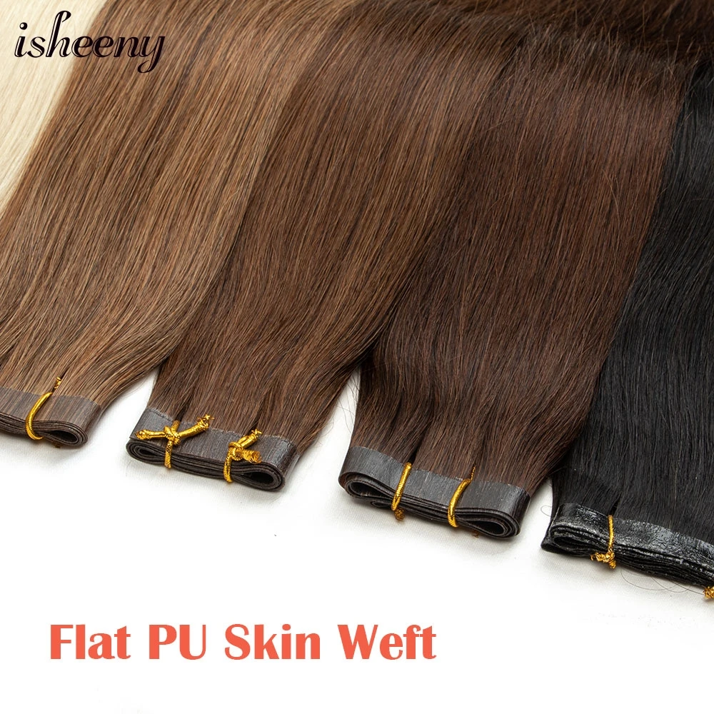 isheeny Flat Weft PU Skin Human Hair Bundles 12 inches Natural Straight  Brown Machine Remy Hair 40g/pc No Tape Hair Extensions