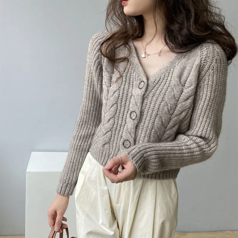 Женский весенне-осенний новый свитер с высокой талией и v-образным вырезом на пуговицах, модный однотонный свободный повседневный вязаный кардиган