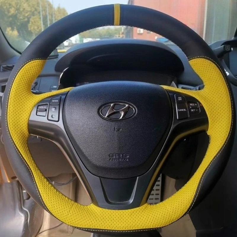 

For Hyundai Genesis Coupe 2010-2016 Rohens Coupe 2009 hand stitched Black Yellow genuine leather car steering wheel cover