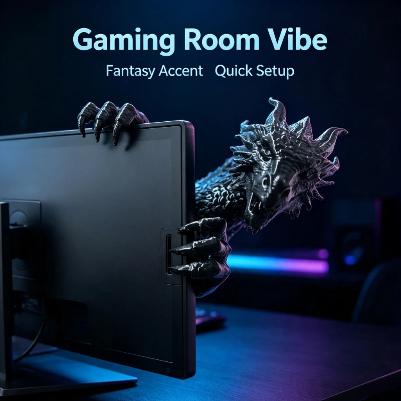 3D Printed Dragon Monitor Clip Figurine, 15mm Screen Edge Desktop Decor, Fantasy Gamer Desk Ornament for Home Office
