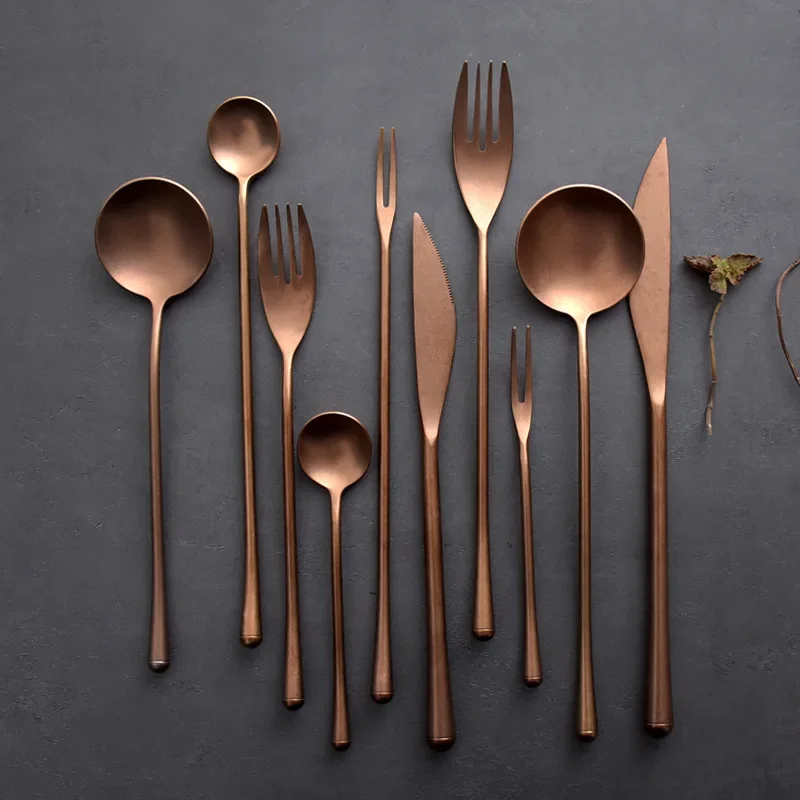 Peralatan Makan Gaya Jepang Kuno, Pisau Steak Retro, Sendok Garpu, Sendok Pengaduk Kopi, Emas Mawar, Baja Tahan Karat 304