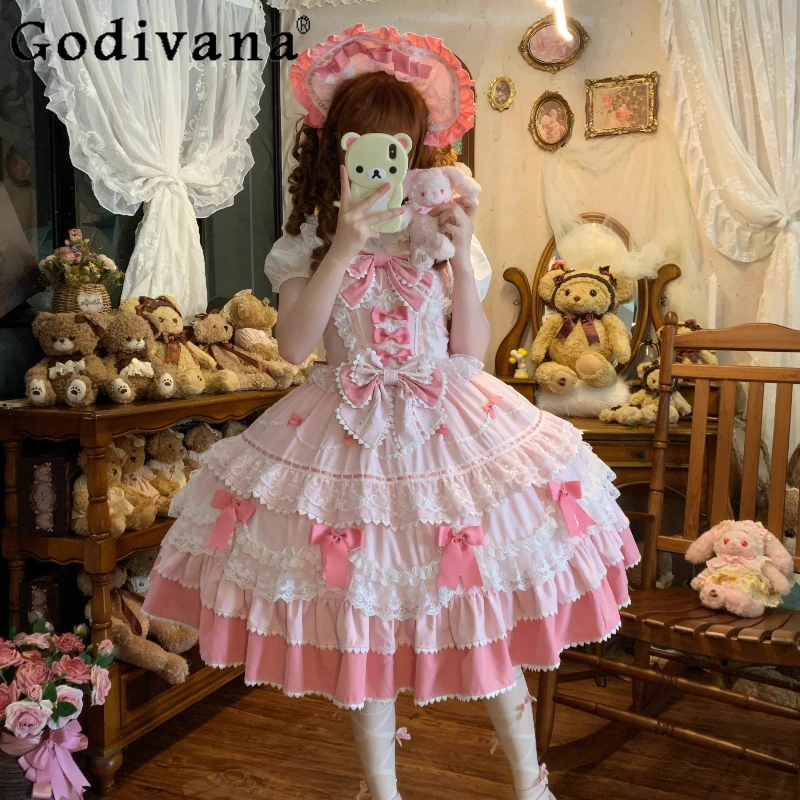

Original Sweet Lolita Pink Sling Dress JSK Autumn New Girl's Cute Bow Kawaii Sleeveless Princess Dress Daily Birthday Dresses