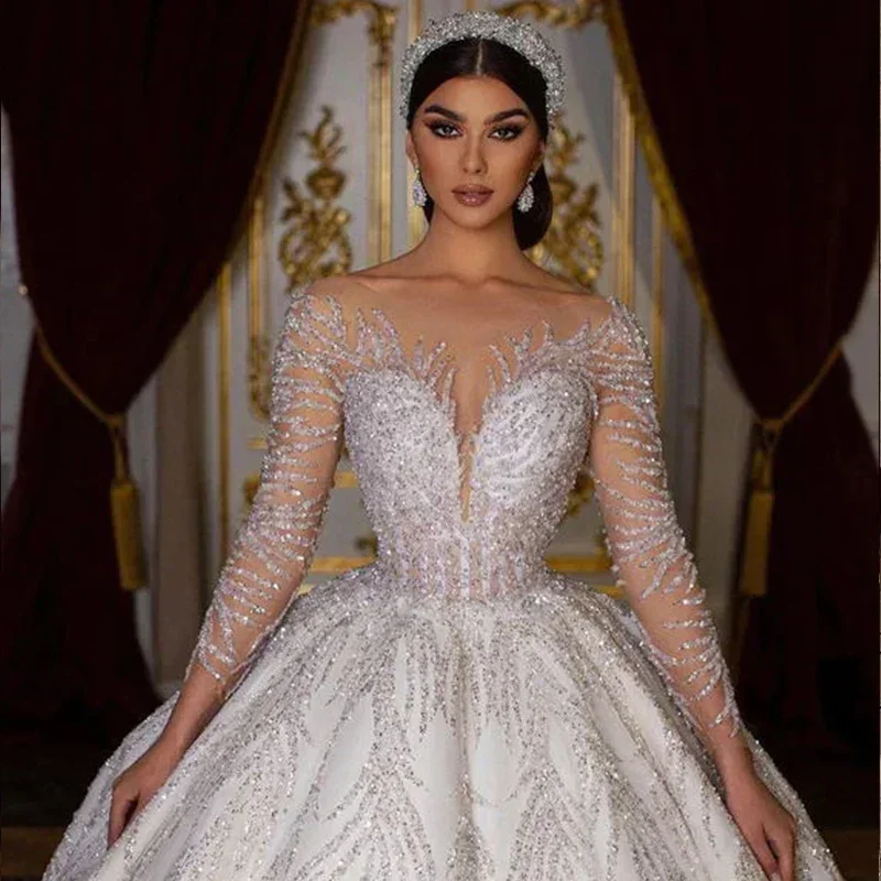 ที่กําหนดเอง 2025 ชุดบอลชุดแต่งงานชุดหรูหรา O-คอประดับด้วยลูกปัดชุดเจ้าสาวเงายาวชุดเจ้าสาว Vestido De Novia