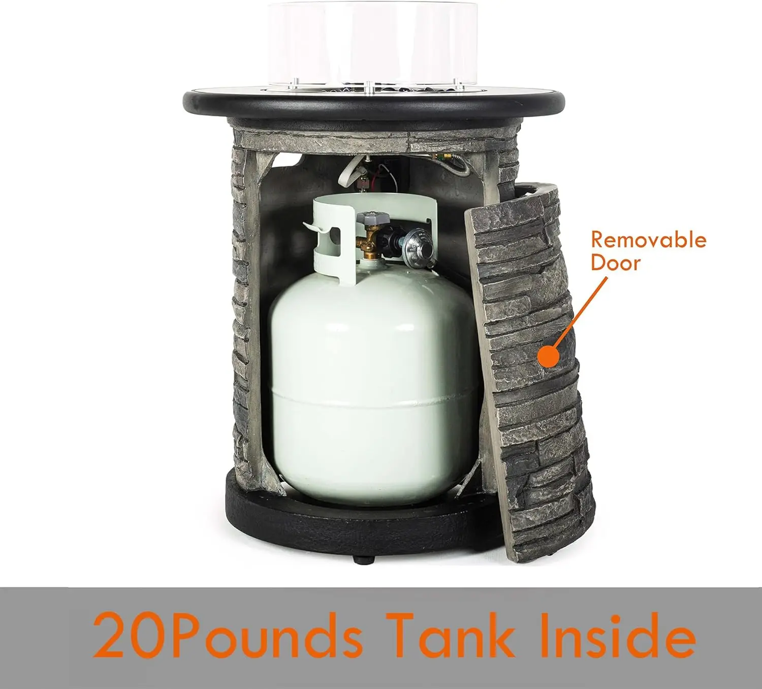 طاولة حفرة نار البروبان الخارجية، سطح بلاط البورسلين المستدير، الإشعال التلقائي، 40,000 وحدة حرارية بريطانية، غطاء 400D، صخور زجاجية