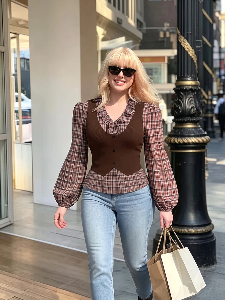 Plus-Size Checkered Patchwork Fitted Shirt  Retro, Classy, and Elegant Top  Fall 2026 New Arrival  Evening Wear