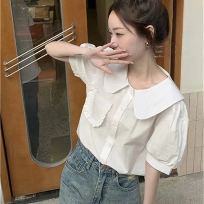 Lovely Shirts Women Vintage Girlish Short-sleeve Summer Plaid Chic Peter Pan Collar Leisure Students Ruched Aesthetic Designed