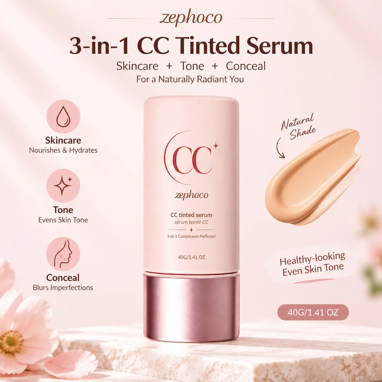 3-In-1 CC Cream Color Correcting Serum Smooth Lightweight Natural Finish Primer Even No Makeup Tone Glow All skin Types