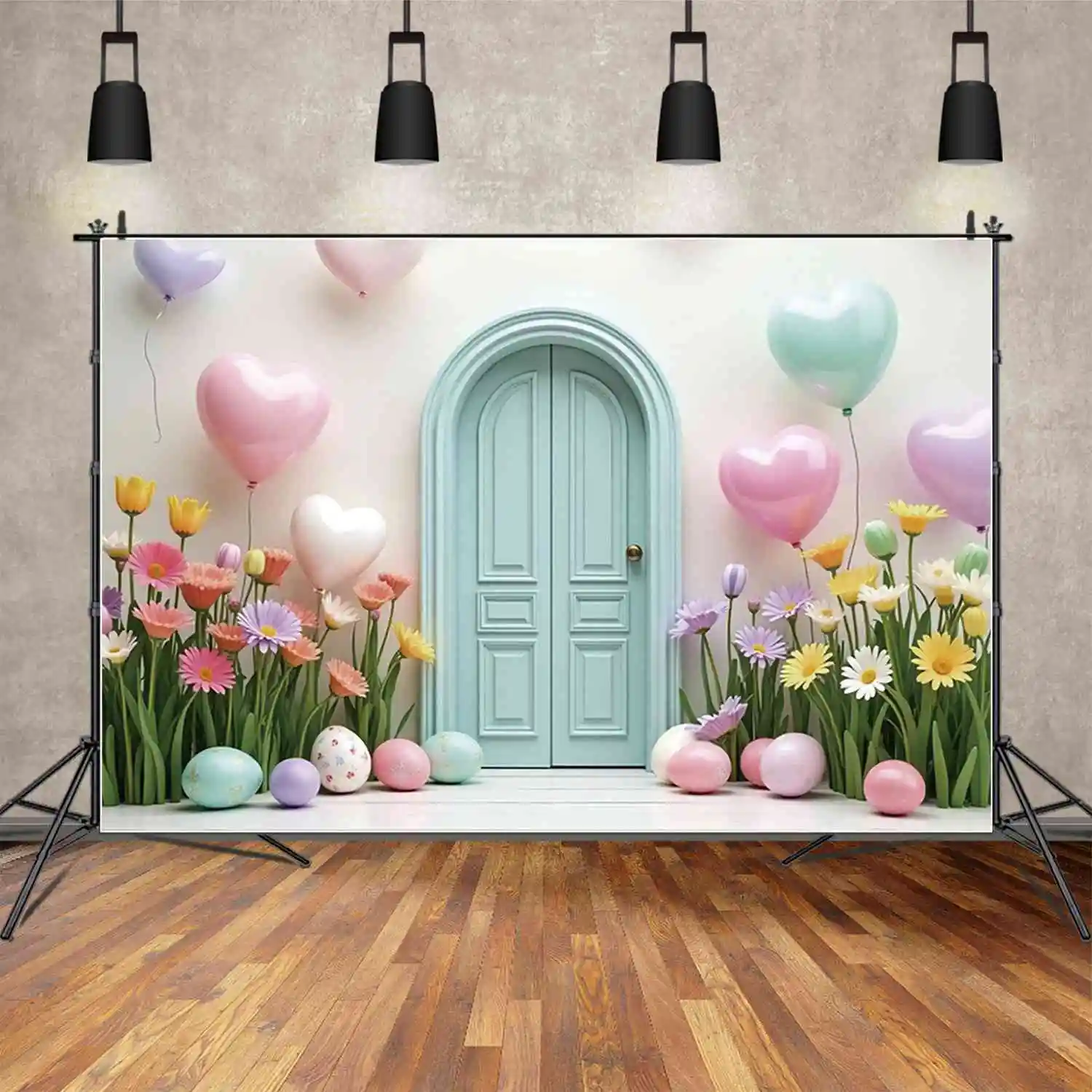 MOON.QG 2025 Easter Flowers Arch Heart Balloons Backdrop Rabbit Bunny Background Party Photography Studio Shooting Decorations