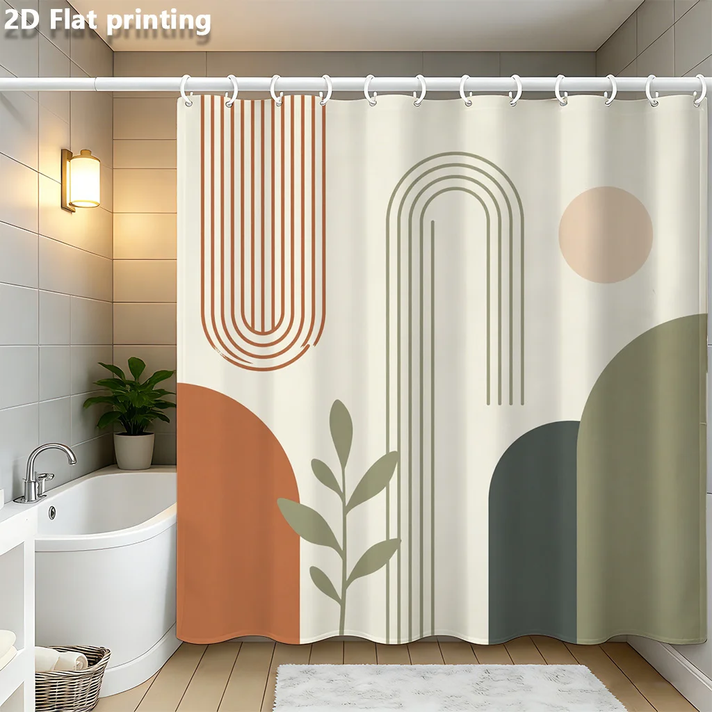 

Абстрактная геометрическая шторка для душа, 1 шт., полиэстер, 2D плоская печать, 70.8x70.8 дюймов, земляные тона с мотивом листьев, современный декор для ванной комнаты