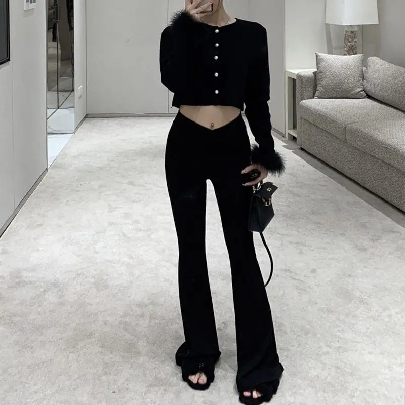 High Waist Knitted Bell Bottom Pants Casual Style Women's Fringed Long Straight Leggings Autumn Winter New Arrival