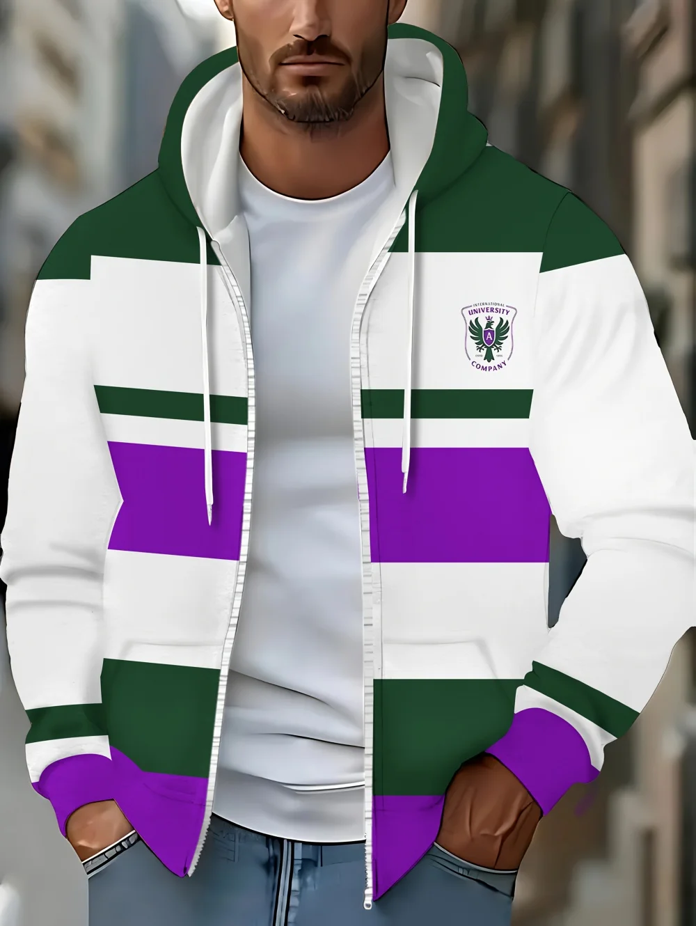 Mens Casual Striped Full Zip Hooded Sweatshirt Outdoor Wear Smooth Drawstring Hood Pockets Simple Striped Sports Man Clothing