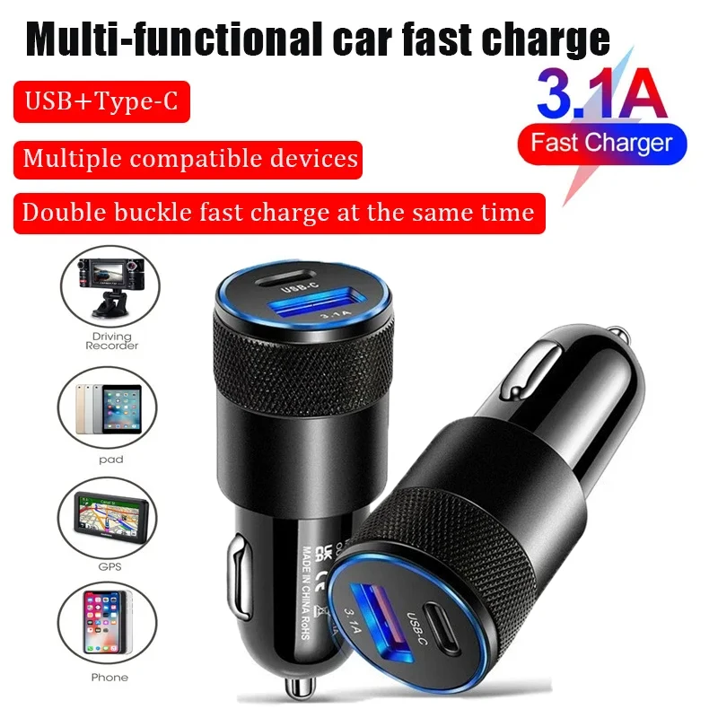 

2pcs/Kit Type C USB 2 Port Car Charger Phone Charger 3A Fast Charging 12V 15W Car Adapter Power Outlet For iPhone Quick Charger