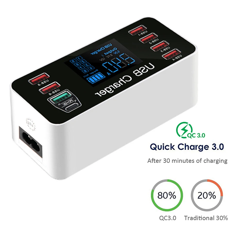 USB Charger Station Quick Charger 3.0 Smart LED Digital display 40W 8-port Multi USB Type C PD Charger Fast Charging Station HUB