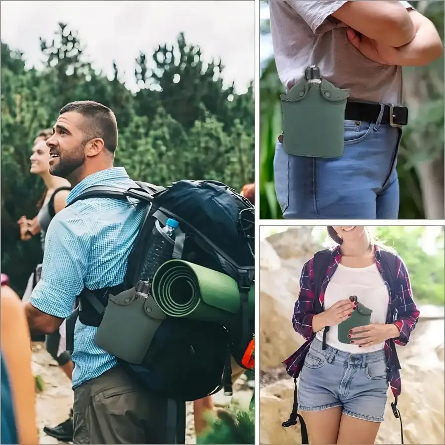 Botella de agua portátil de aluminio para deportes al aire libre, 1 Juego de taza y bolsa de almacenamiento para Camping, Senderismo y viajes