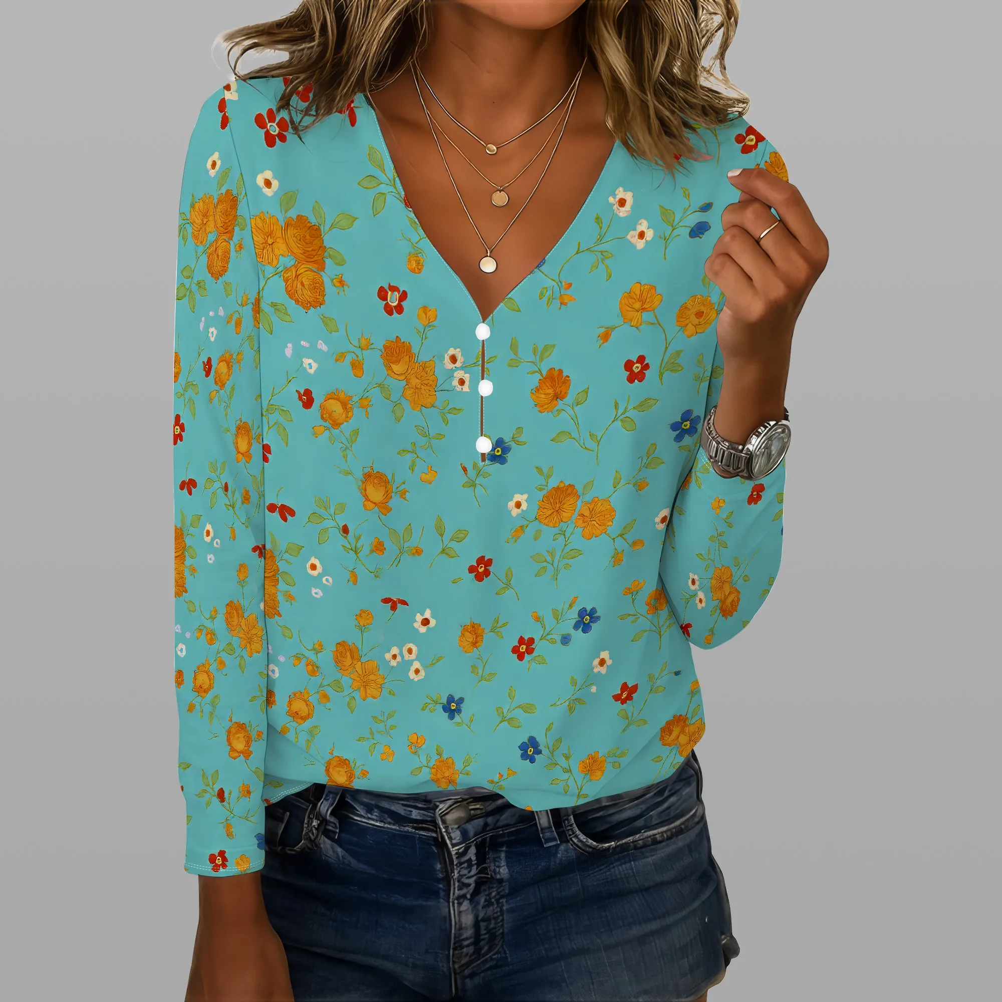 Camicette da donna con stampa floreale Boho per donna Camicetta carina con bottoni casual eleganti Camicie a maniche lunghe con scollo a V Top a tunica