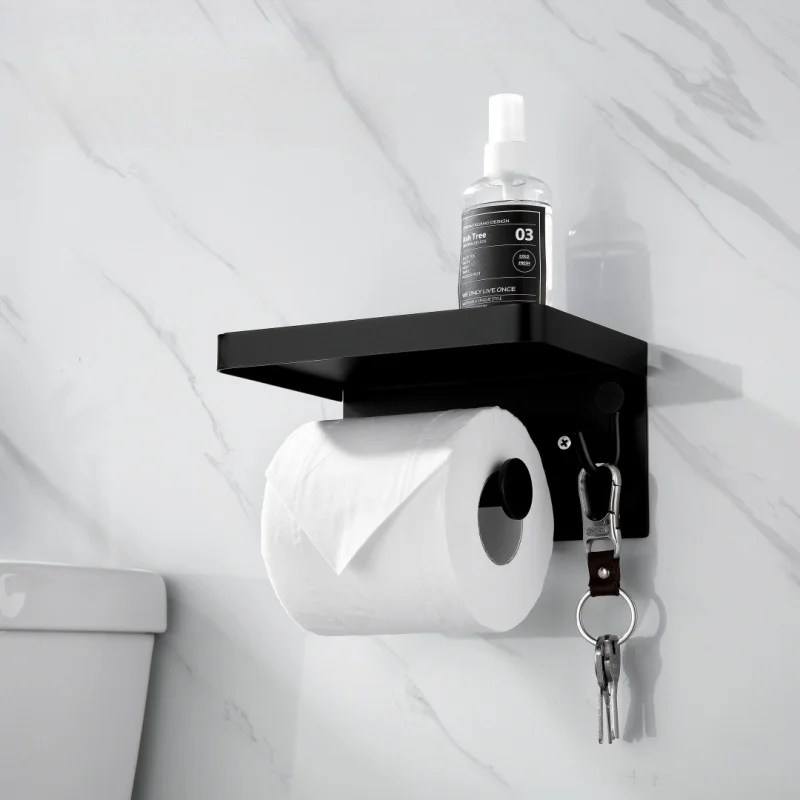 

304 Stainless Steel Matte Black Paper Towel Holder Bathroom Storage Rack Wall Mounted Tissue Holder With Hook
