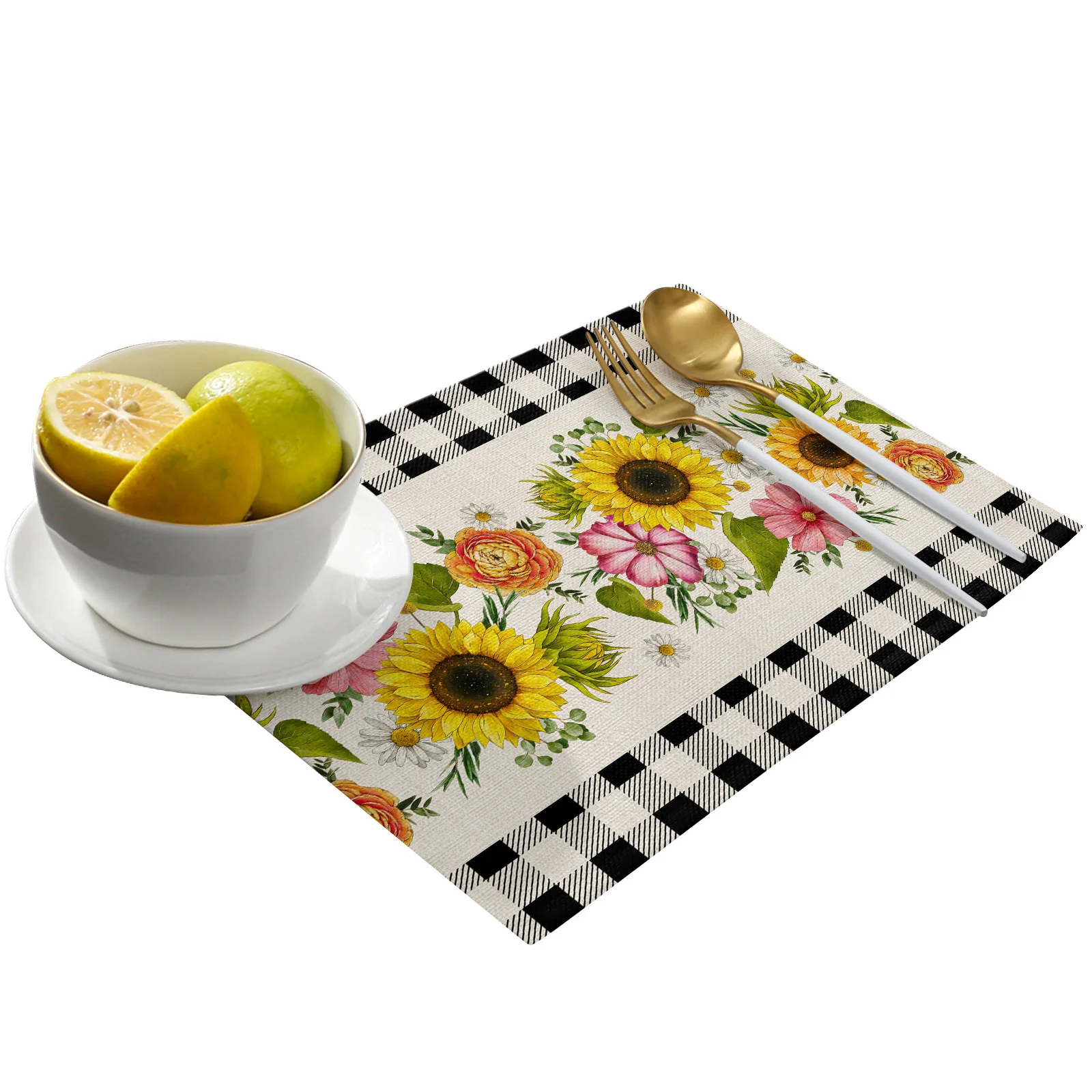 Sunflower Idyllic Plaid Kitchen Dining Table Decor Accessories 4/6pcs Placemat Heat Resistant Linen Tableware Pads Mats