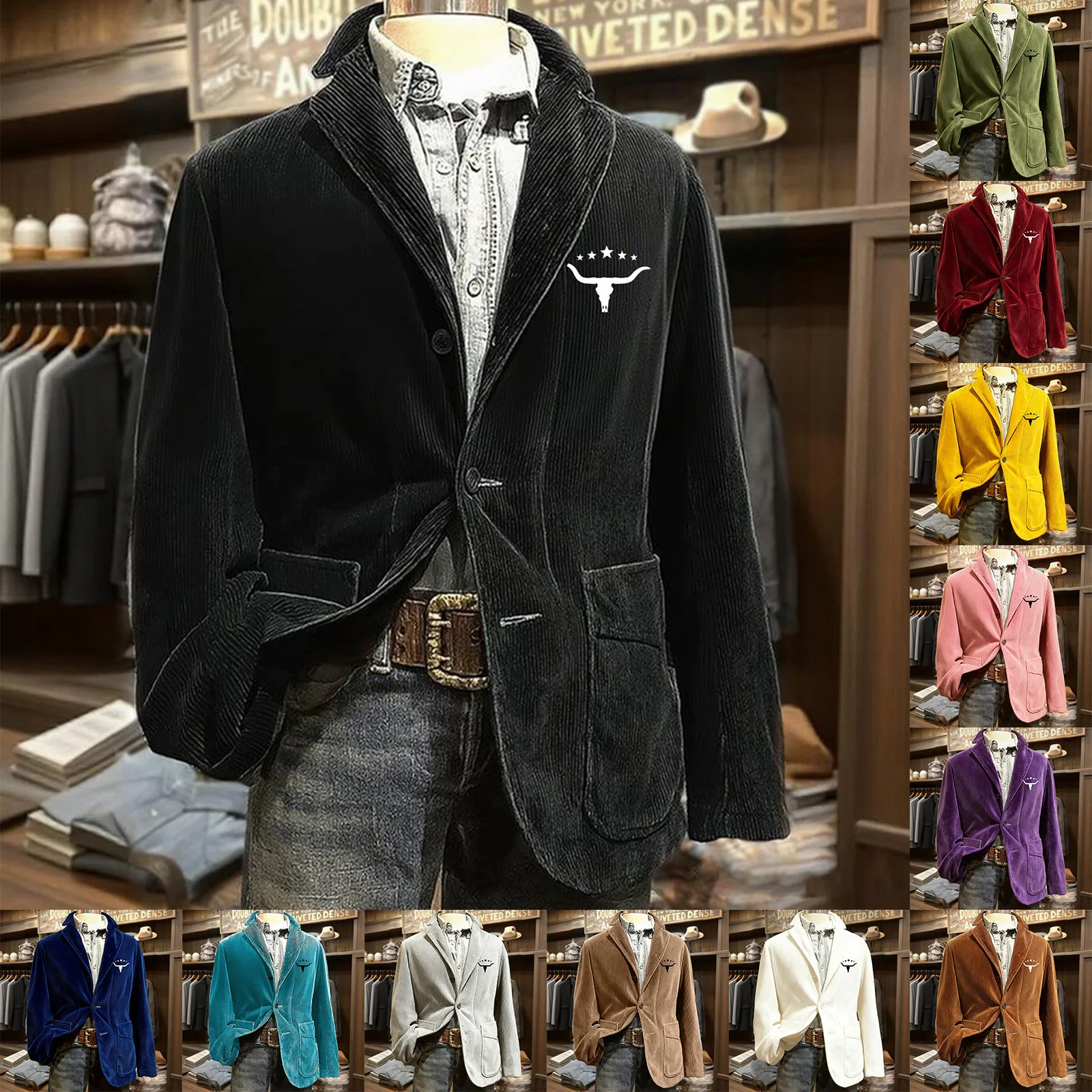 Casual Suit Men'S Solid Color Cardigan Top Printed Corduroy Warm Pocket Suit Jacket Multicolor Business Casual Office Pajamas