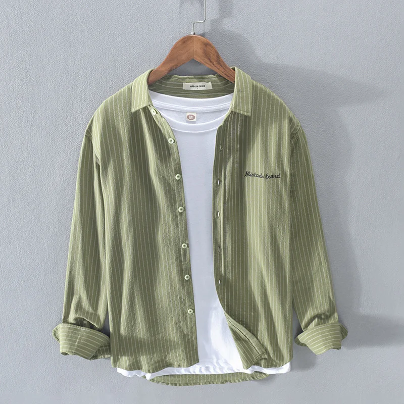 

Spring And Autumn Casual Men's Letter Embroidery Stripe Cotton Shirt Classic Social Work Business Dress Button Shirt For Man