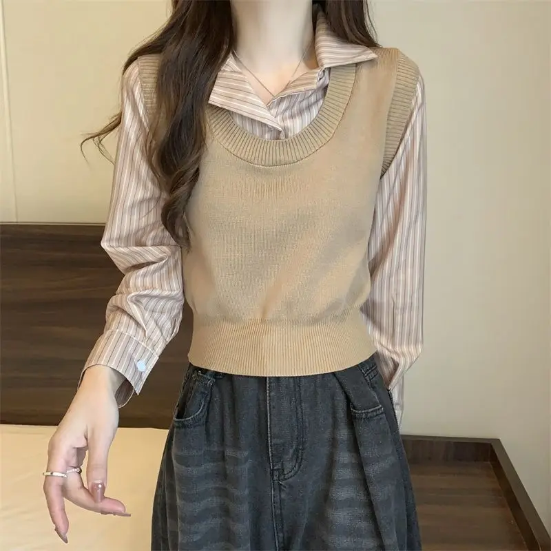 Spring Autumn Fake Two Pieces Sweater Women Fashion Turn-down Collar Long Sleeve Button Pullovers Elegant Striped All-match Tops